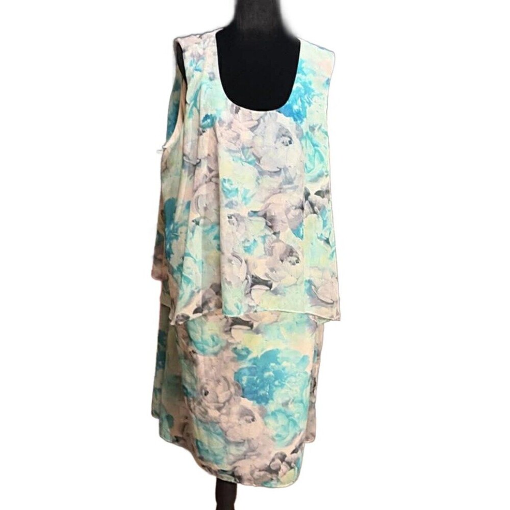 LAST CHANCE Roaman’s Teal & Blue Floral Layered Chiffon Midi Dress